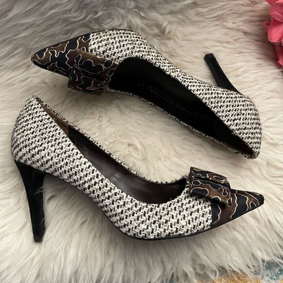 Tory Burch Heels Cleo Tweed Silk Bow Navy Mix Media 8.5 - Picture 4 of 13